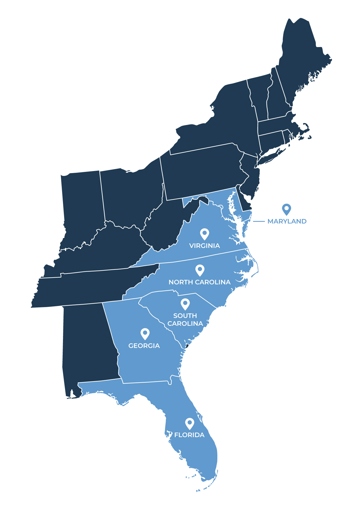 Map of Pearl Pools service areas on the East Coast